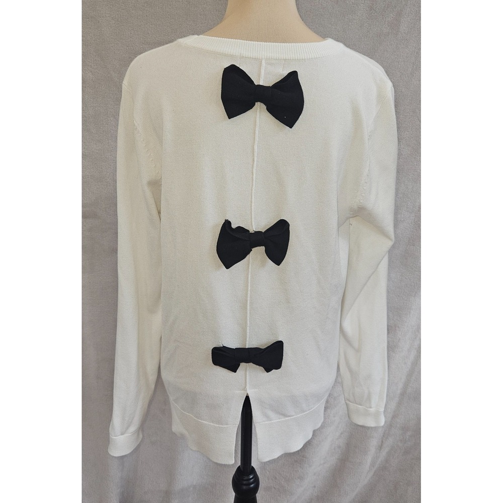 Philosophy Republic White Knit Sweater L Large Black Bows Back Coquette EUC
